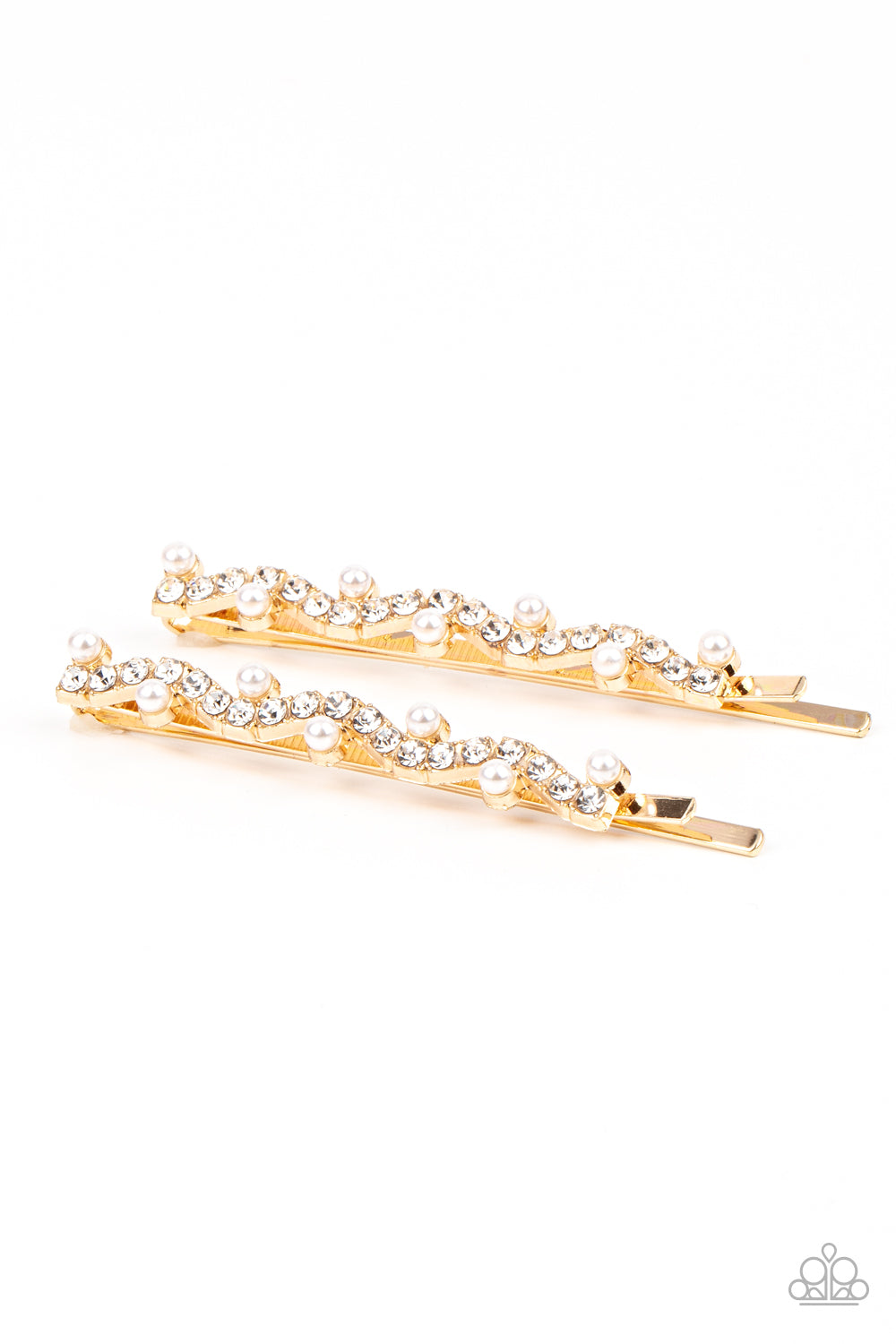 Ballroom Banquet - Gold, White Rhinestone & Pearl Hair Pin Paparazzi H0009