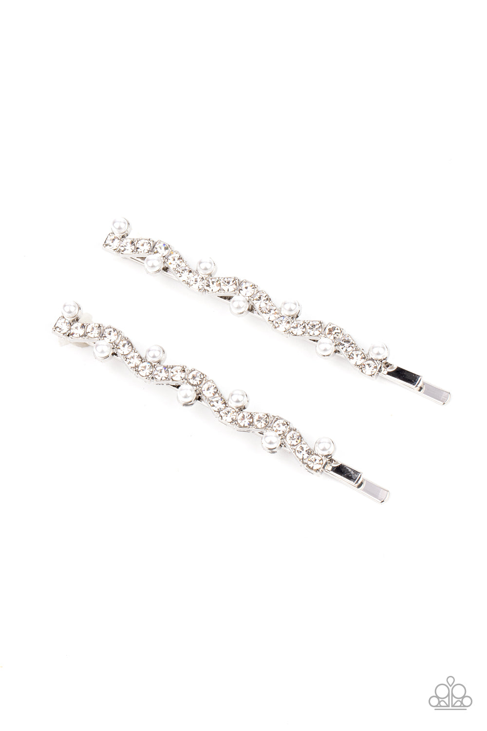 Ballroom Banquet - White Rhinestone Pearl Hair Pin Paparazzi H0061