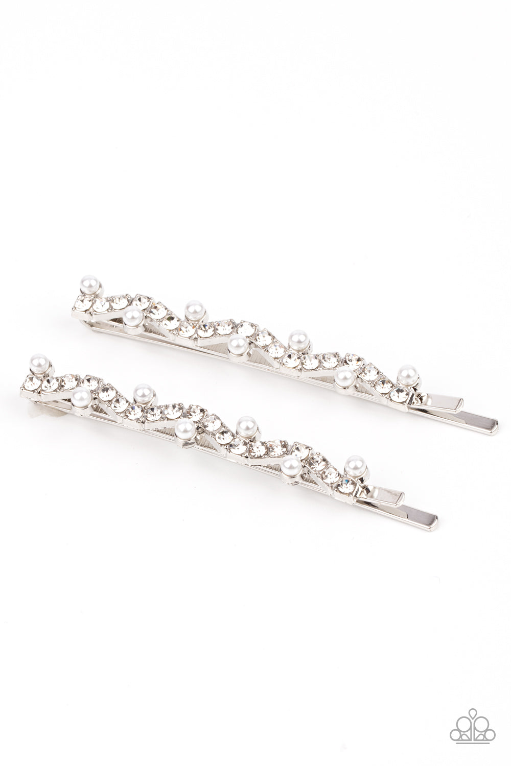 Ballroom Banquet - White Rhinestone Pearl Hair Pin Paparazzi H0061