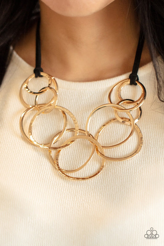 Spiraling Out Of Couture Gold Rings & Black Suede Cord Necklace Paparazzi N0559
