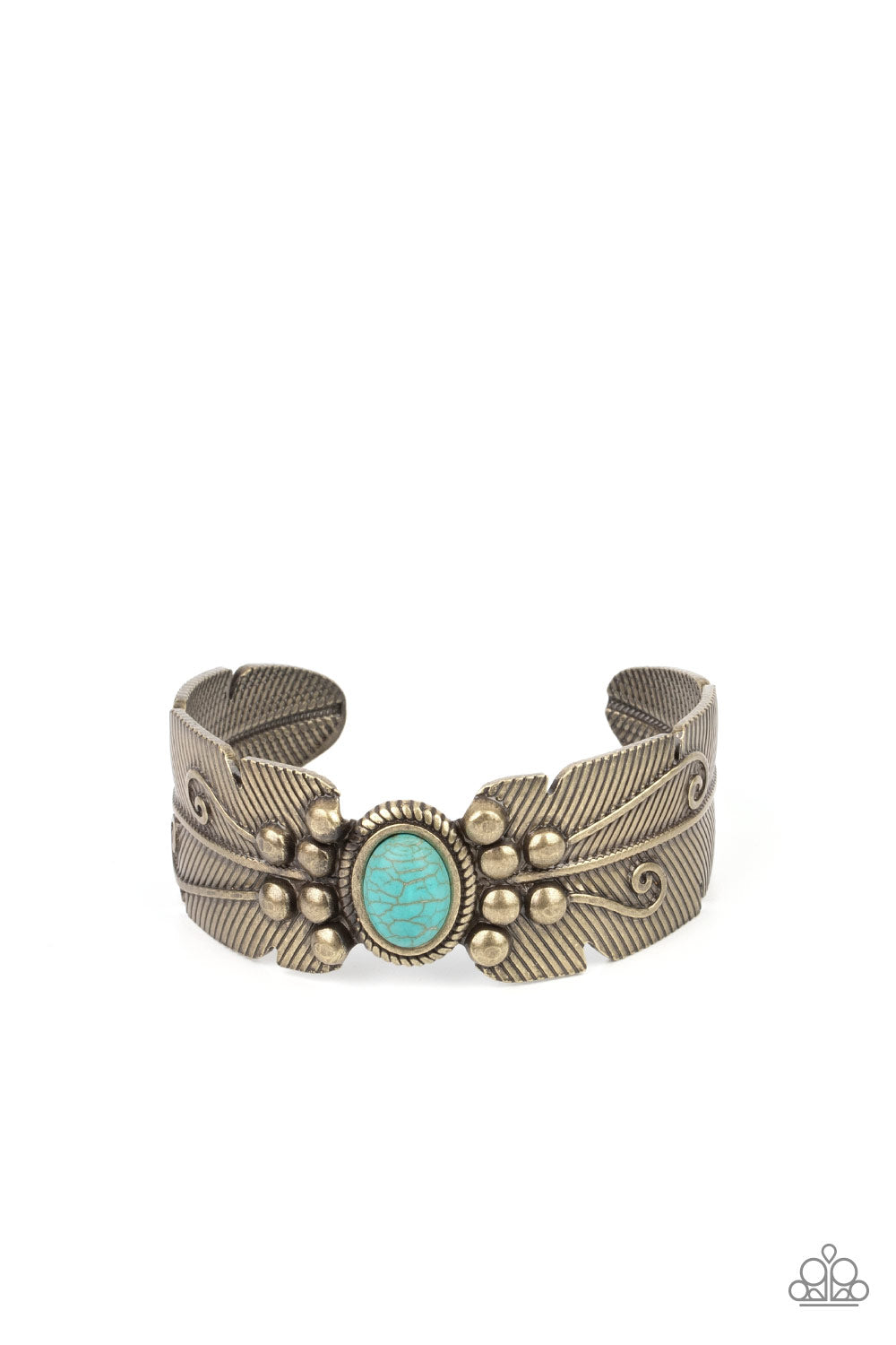 Desert Haven - Brass Feather Turquoise Stone Cuff Santa Fe Style Bracelet Paparazzi B0857