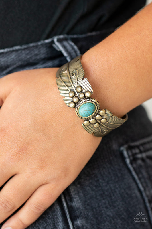 Desert Haven - Brass Feather Turquoise Stone Cuff Santa Fe Style Bracelet Paparazzi B0857