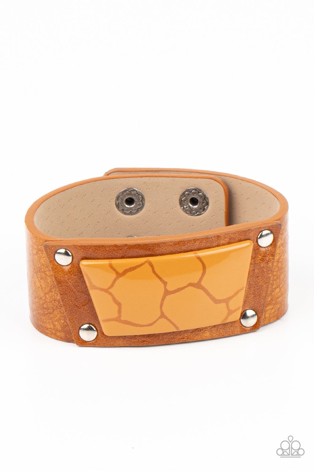 Geo Glamper - Brown Leather Orange Acrylic Urban Bracelet B0482