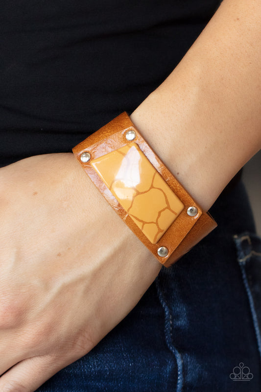 Geo Glamper - Brown Leather Orange Acrylic Urban Bracelet B0482