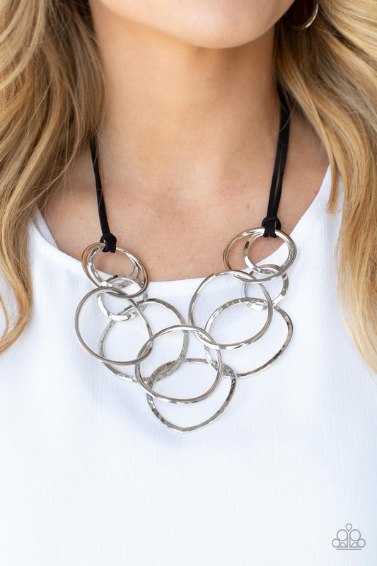 Spiraling Out of COUTURE - Silver Rings & Black Suede Cord Necklace Paparazzi N0552