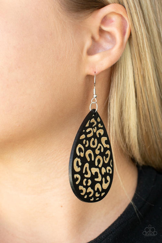 Suburban Jungle - Black Wooden Cheetah Print Teardrop Earring Paparazzi E0924