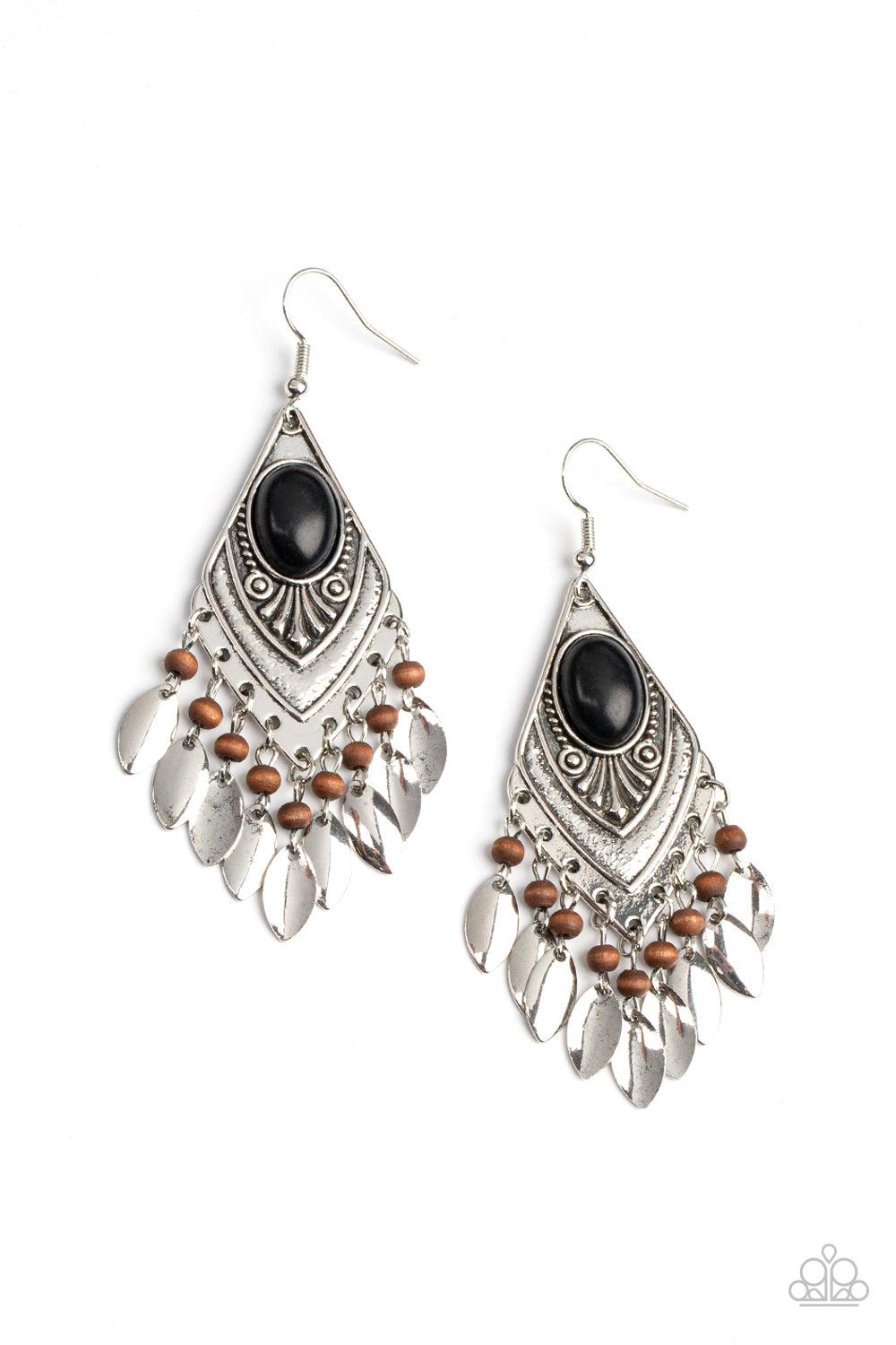 Earthy Etiquette - Black Stone Silver Fringe Santa Fe Style Earring Paparazzi E1360