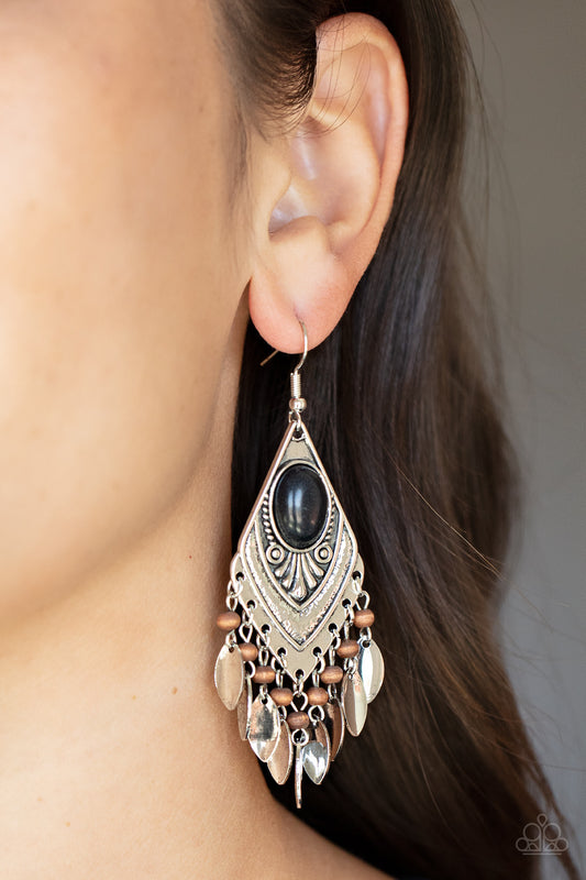 Earthy Etiquette - Black Stone Silver Fringe Santa Fe Style Earring Paparazzi E1360