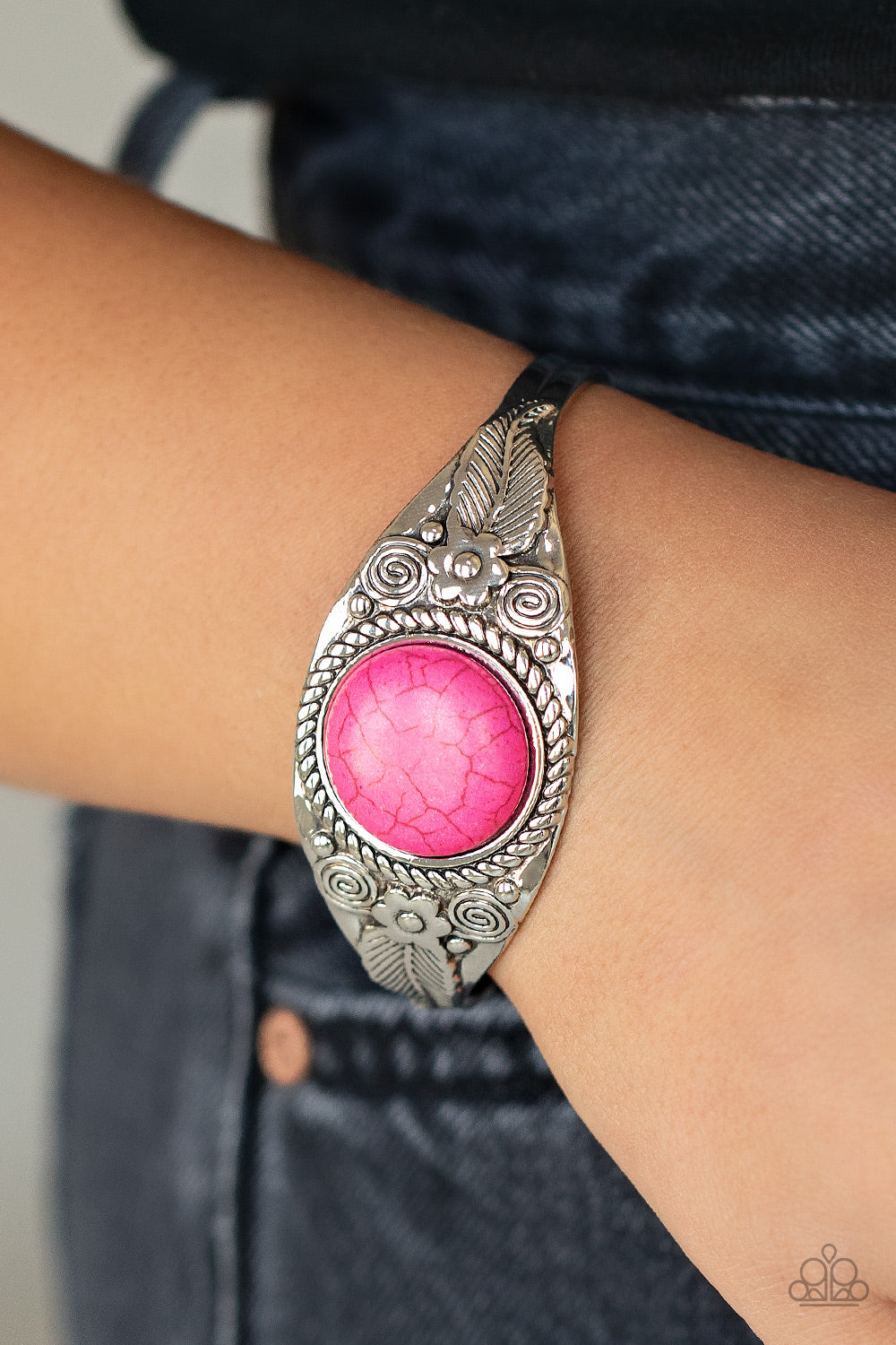 Whimsically Winslow - Pink Stone Silver Santa Fe Style Cuff Bracelet Paparazzi B0781