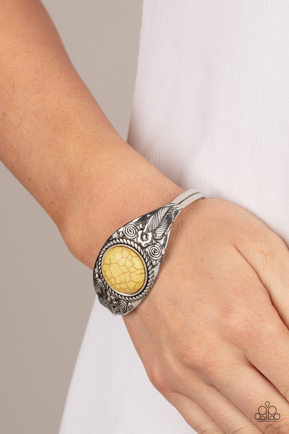 Whimsically Winslow - Yellow Stone Silver Santa Fe Style Cuff Bracelet Paparazzi B1100