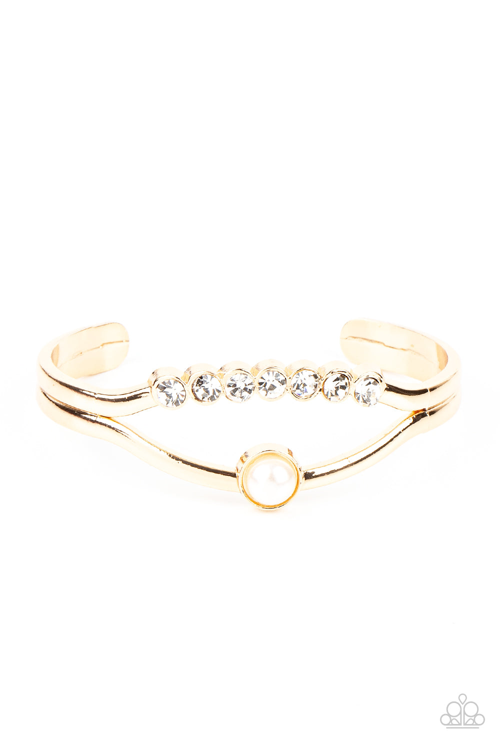 Palace Prize - Gold White Rhinestone Cuff Bracelet Paparazzi B0250