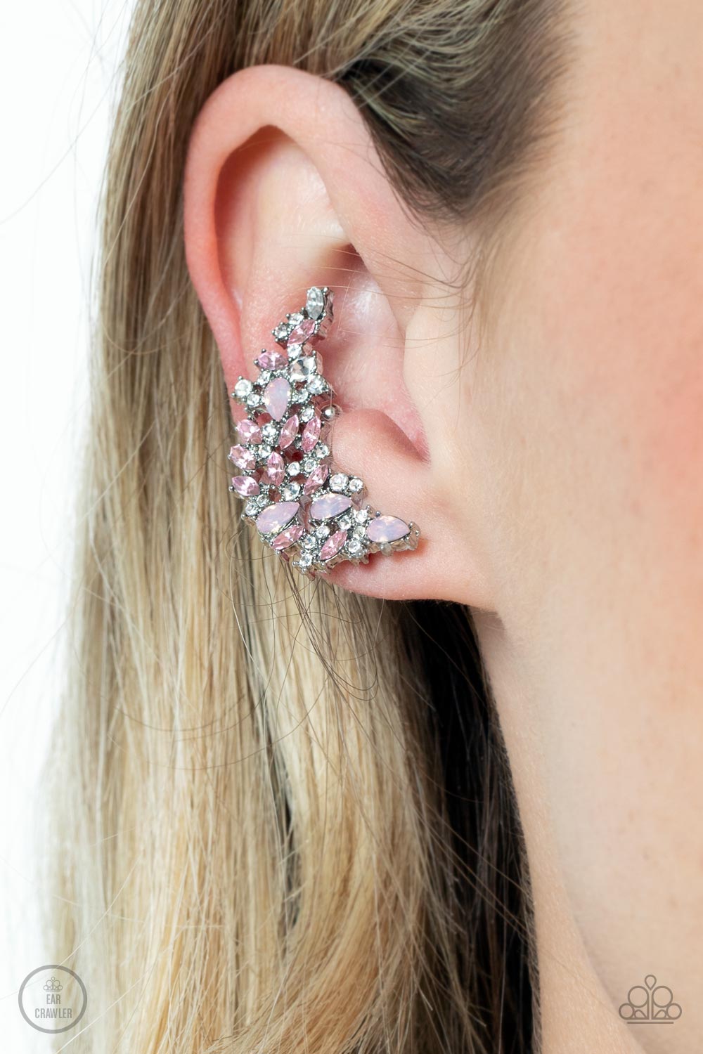 Prismatically Panoramic - Pink, White & Opal Rhinestone Ear Crawler Earring Paparazzi E1086