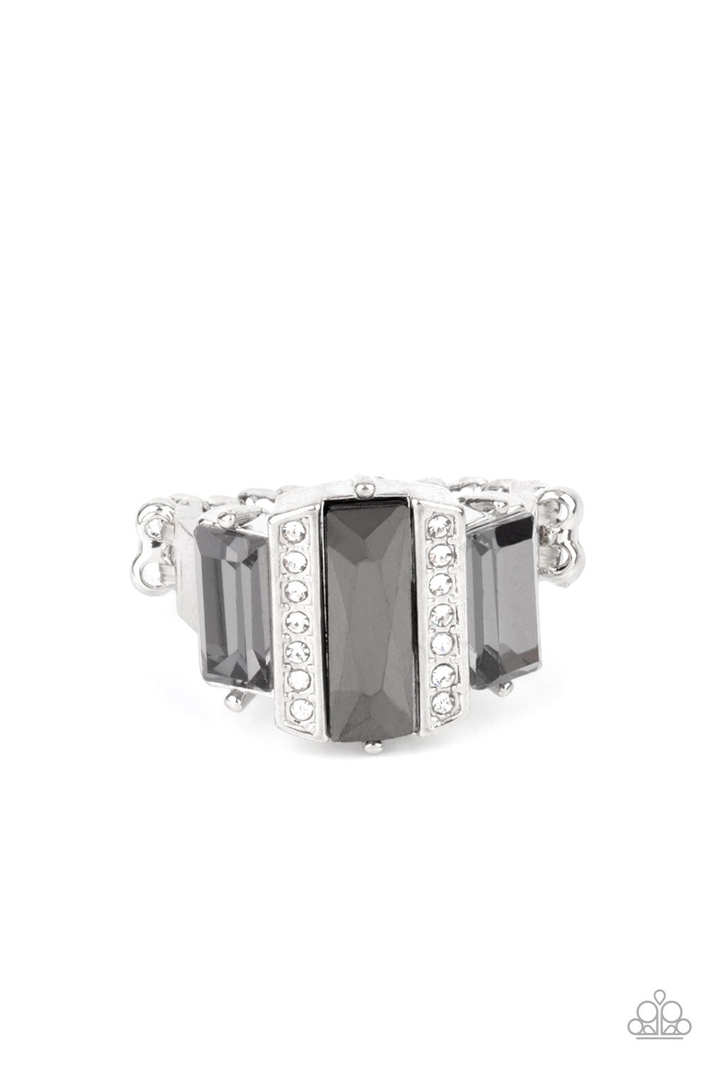 A GLITZY Verdict - Silver Hematite & White Rhinestone Ring Paparazzi R0597