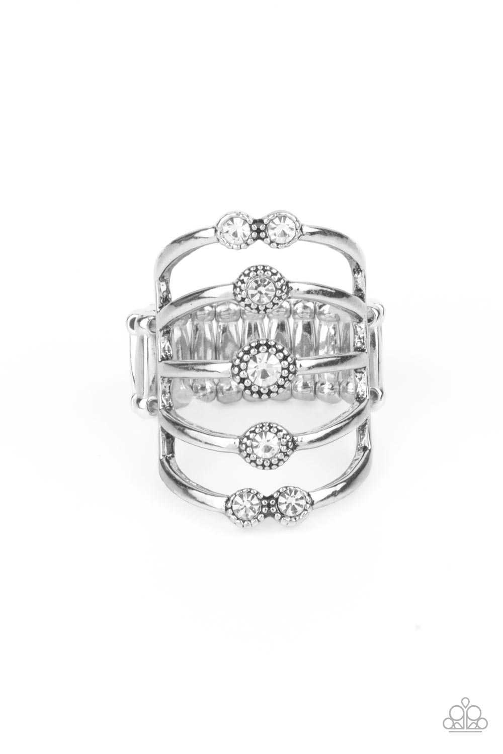 Layer On The Luster - White Rhinestone & Silver Layered Ring Paparazzi R0442