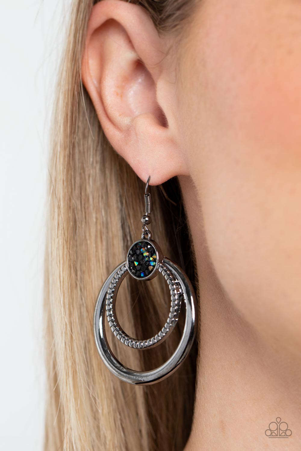 Spun Out Opulence - Multi Oil Spill and  Hematite Rhinestone Earring Paparazzi E0455