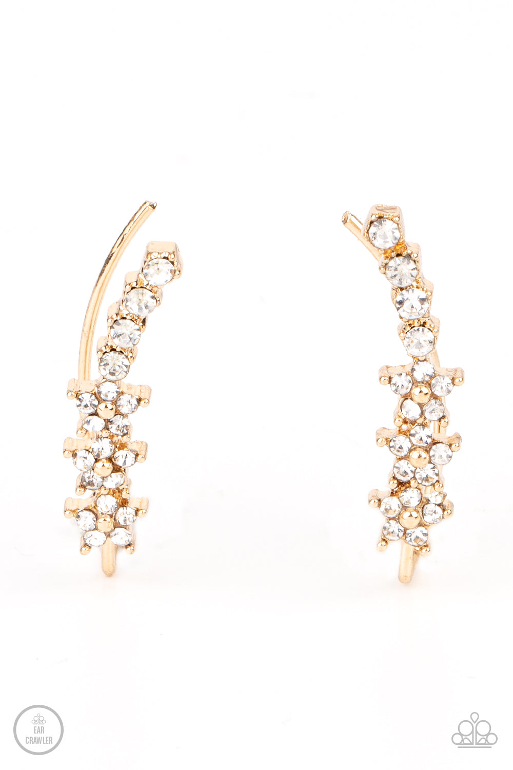 Flowery Finale - Gold White Rhinestone Ear Crawler Paparazzi E1171