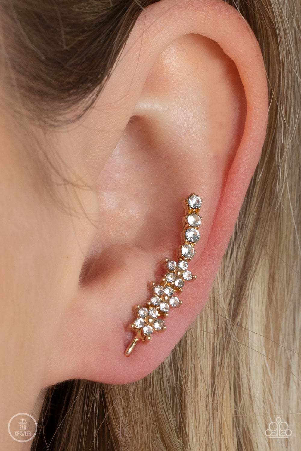 Flowery Finale - Gold White Rhinestone Ear Crawler Paparazzi E1171