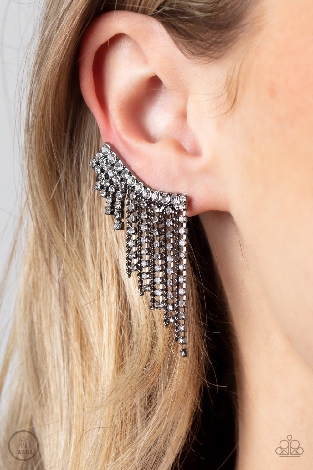 Thunderstruck Sparkle - Black Gunmetal Chain White Rhinestone Earring Paparazzi E0897