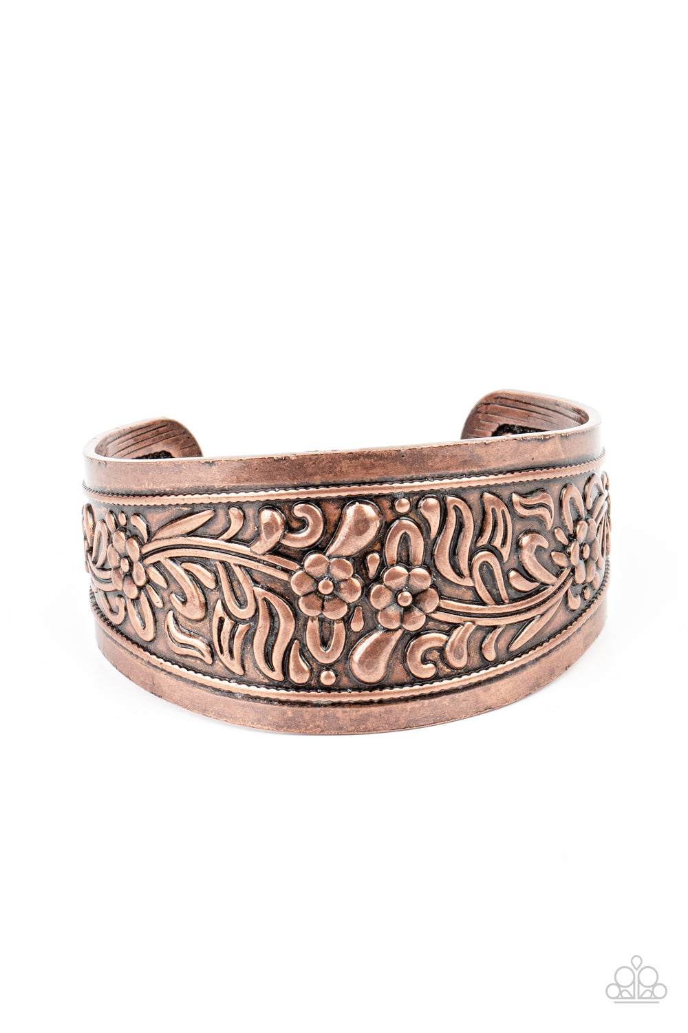 Purely Prairie - Copper Antiqued Embossed Leaf Pattern Cuff Bracelet Paparazzi B1226