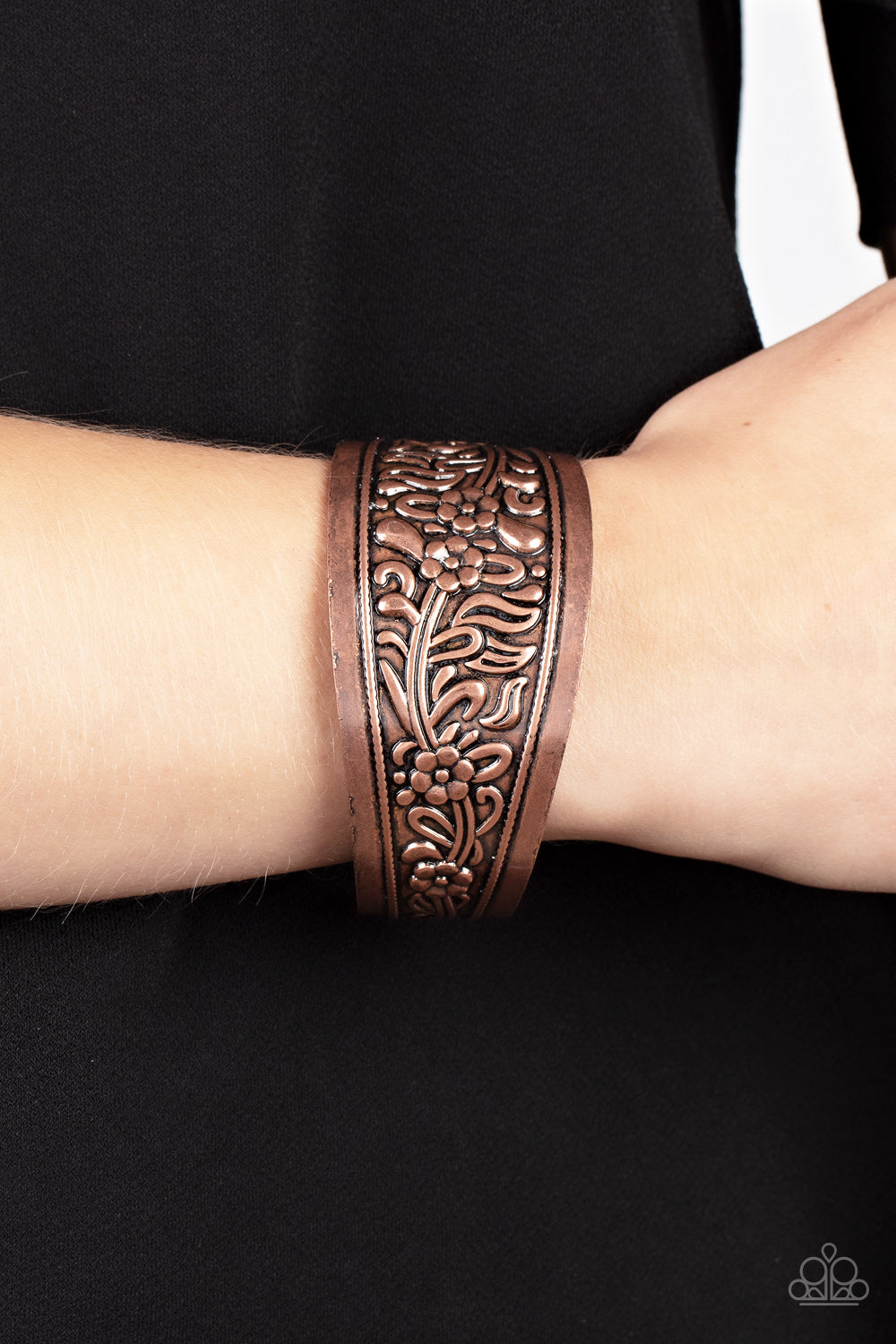 Purely Prairie - Copper Antiqued Embossed Leaf Pattern Cuff Bracelet Paparazzi B1226