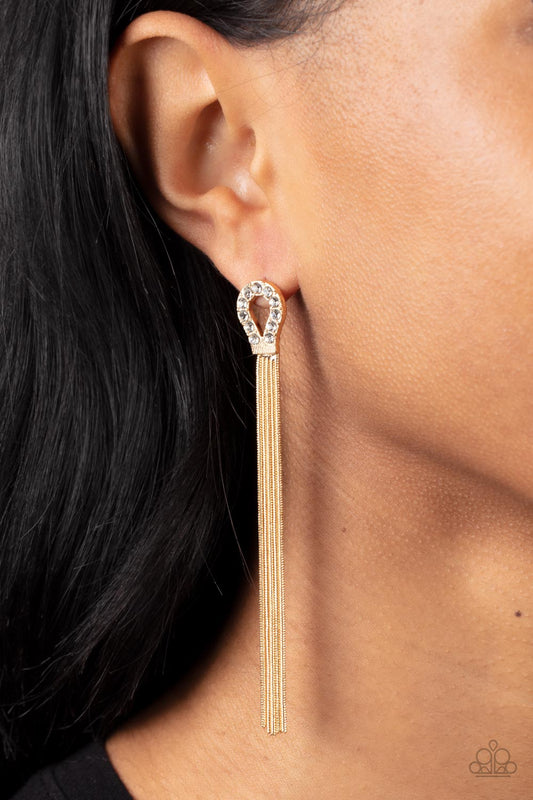 Dallas Debutante - Gold Chain White Rhinestone Earring Paparazzi E0675