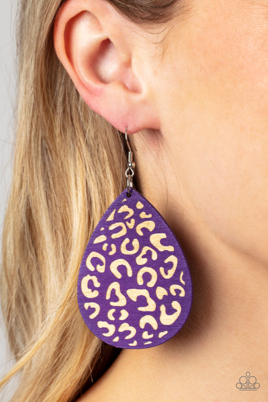 Suburban Jungle - Purple Wooden Cheetah Print Teardrop Earring Paparazzi E1057