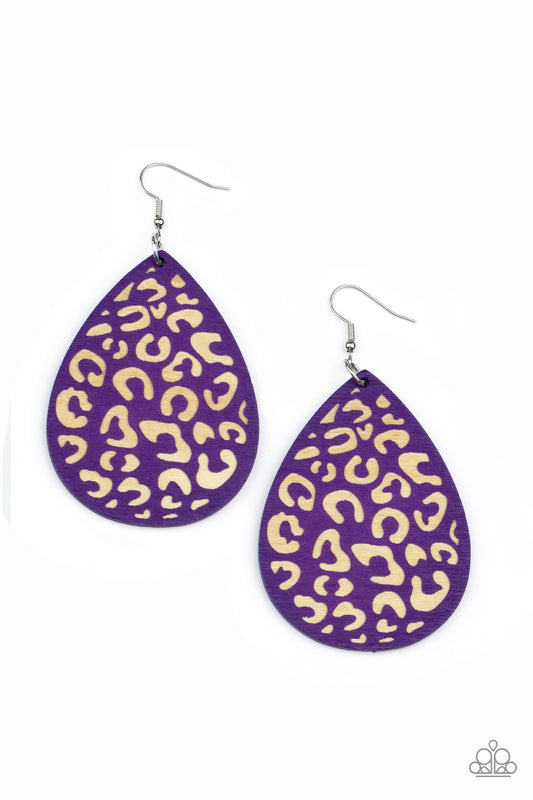 Suburban Jungle - Purple Wooden Cheetah Print Teardrop Earring Paparazzi E1057