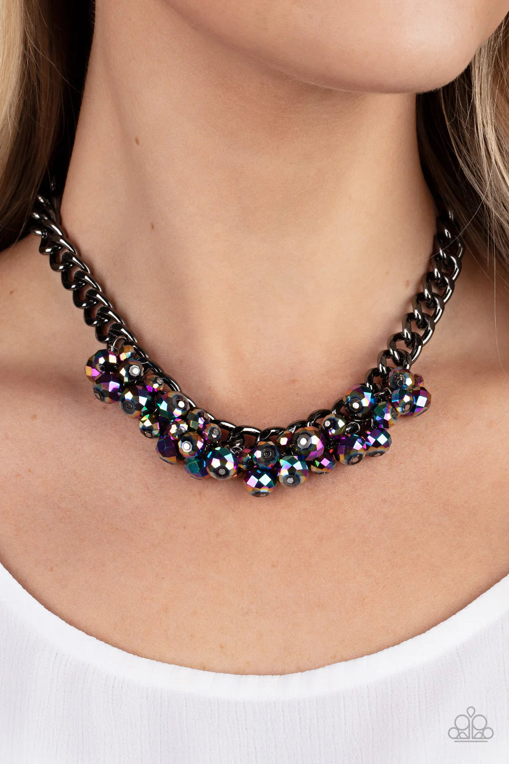Galactic Knockout Multi Oil Spill Iridescent Bead Gunmetal Chain Necklace Paparazzi N1392