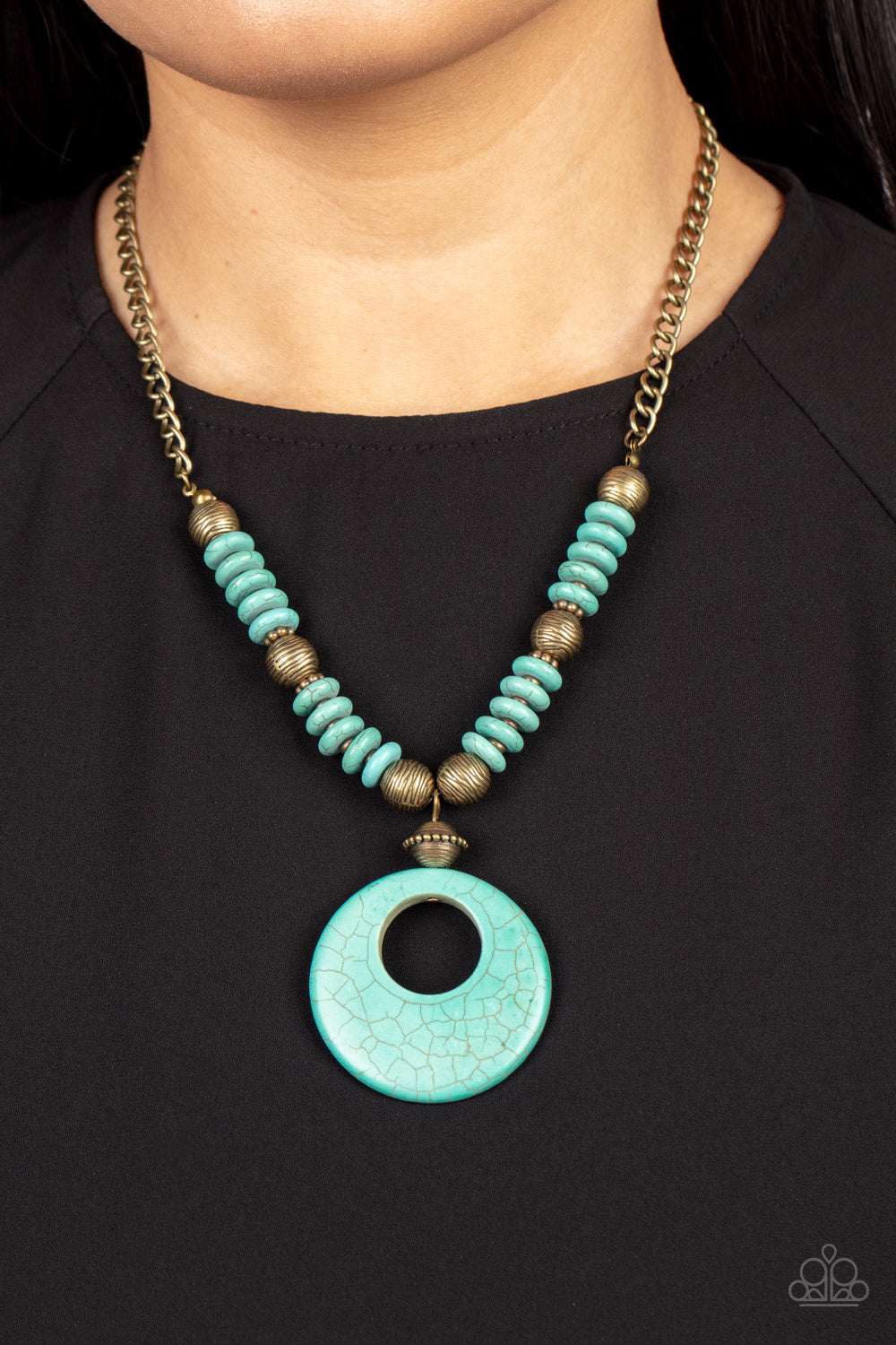 Oasis Goddess - Brass Blue Turquoise Stone Santa Fe Style Necklace Paparazzi N0574