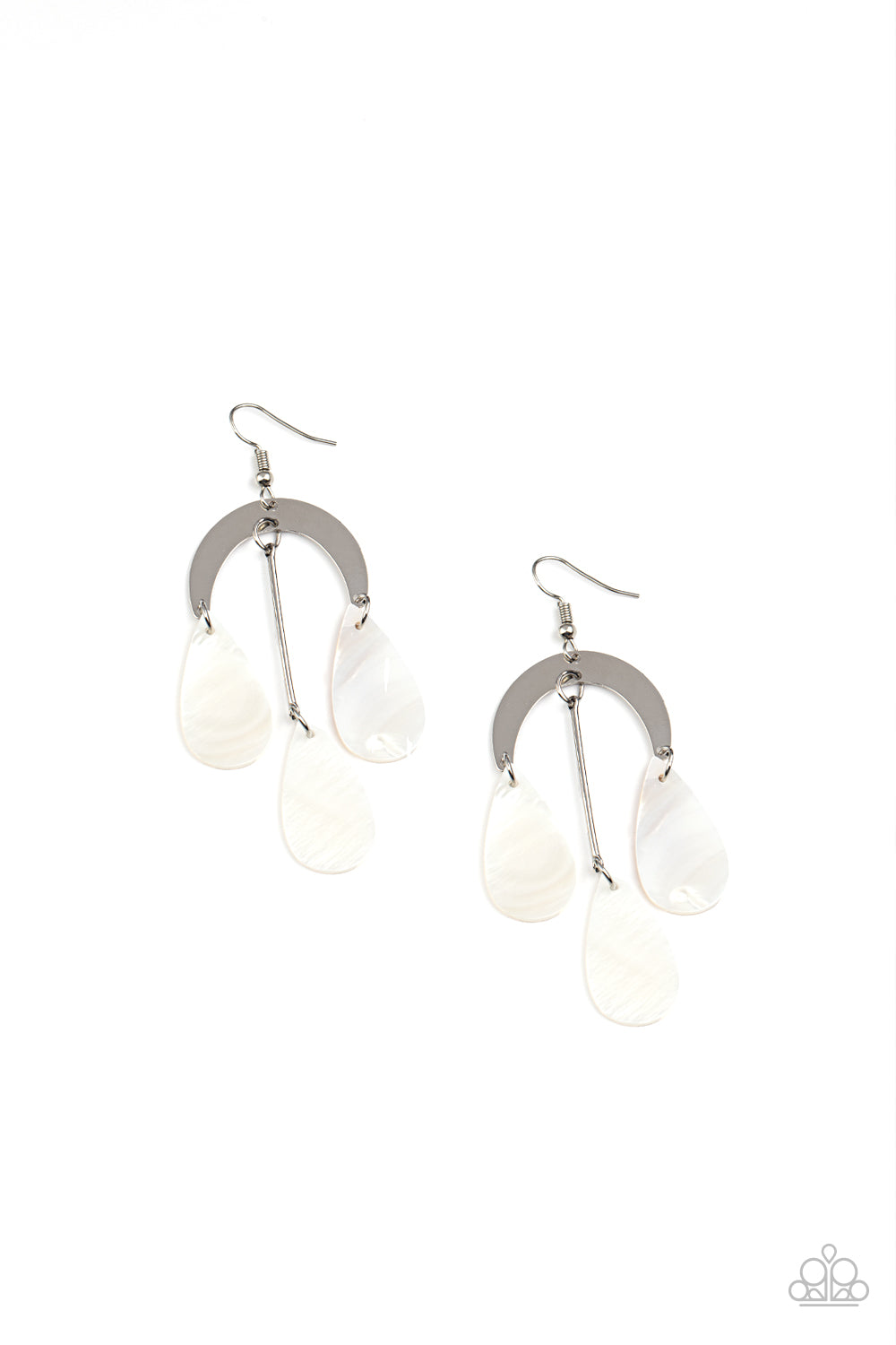 Atlantis Ambience - White Shell Like Teardrop Silver Half Moon Frame Earring Paparazzi E0853