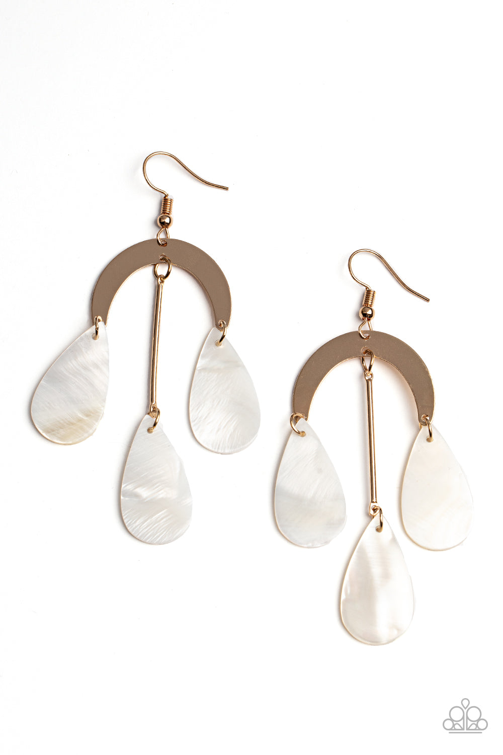 Atlantis Ambience - Gold White Shell Like Teardrop Gold Half Moon Frame Earring Paparazzi E0793