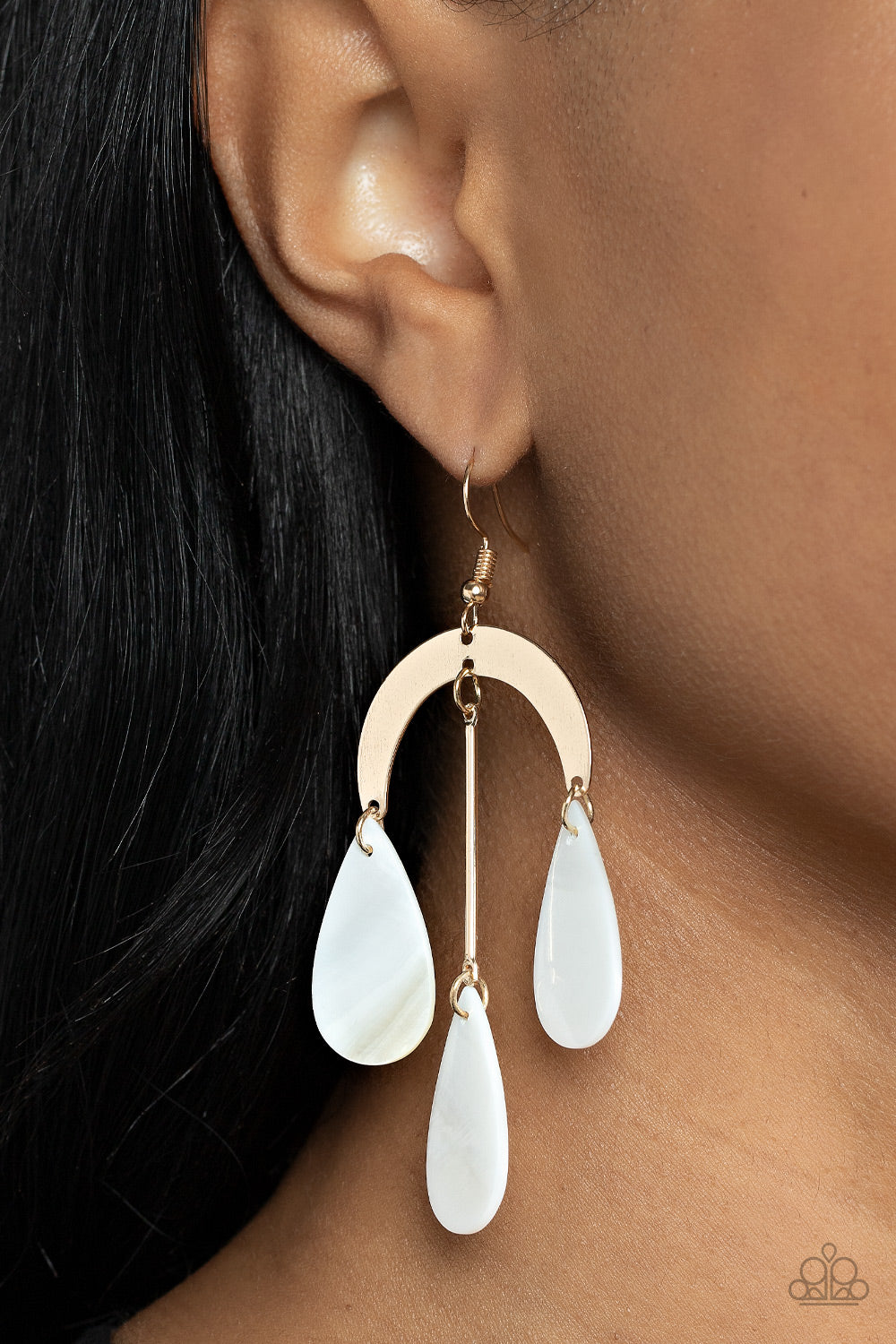 Atlantis Ambience - Gold White Shell Like Teardrop Gold Half Moon Frame Earring Paparazzi E0793