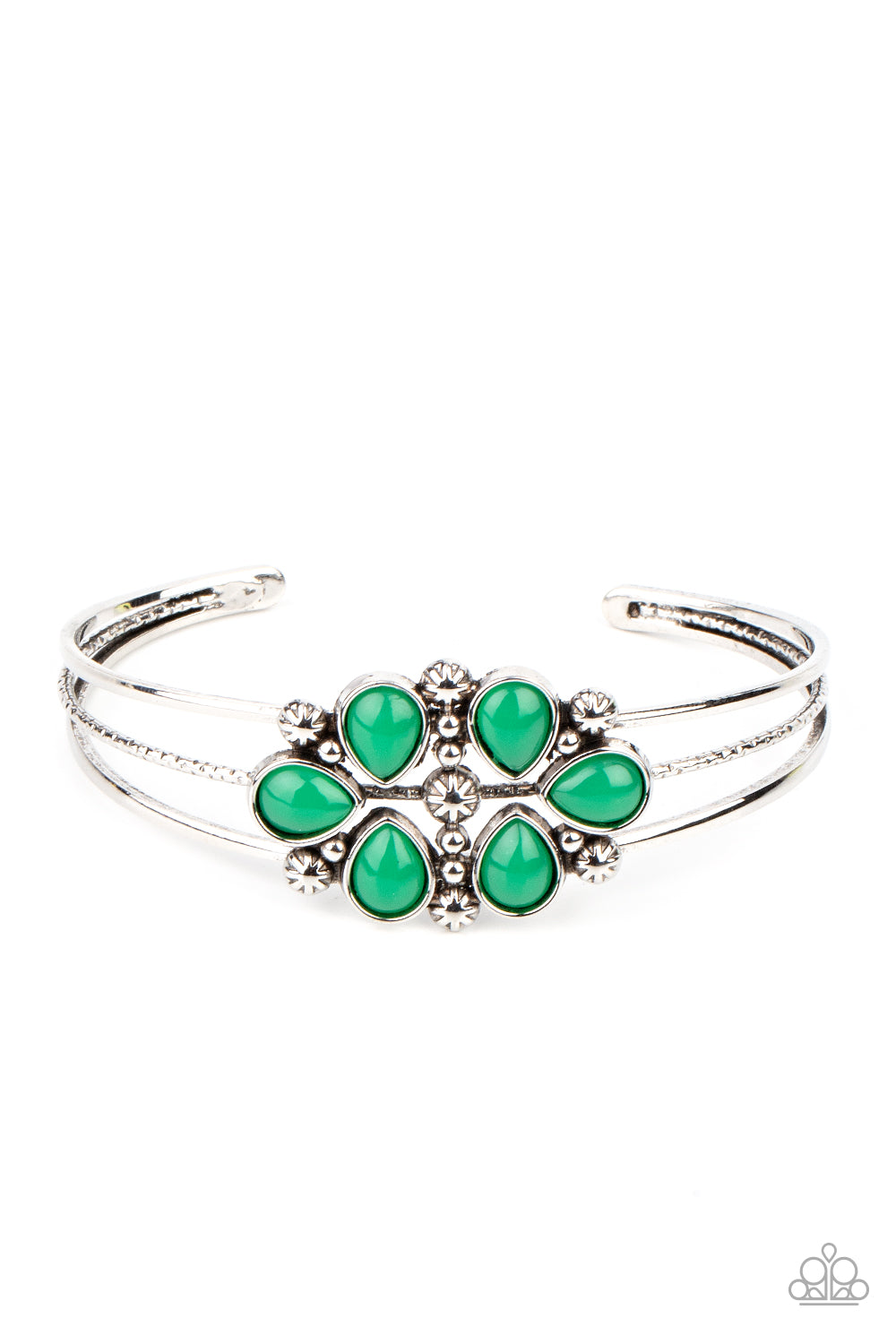 Taj Mahal Meadow - Green Glassy Leprechaun Teardrop Bead Cuff Bracelet Paparazzi B0173