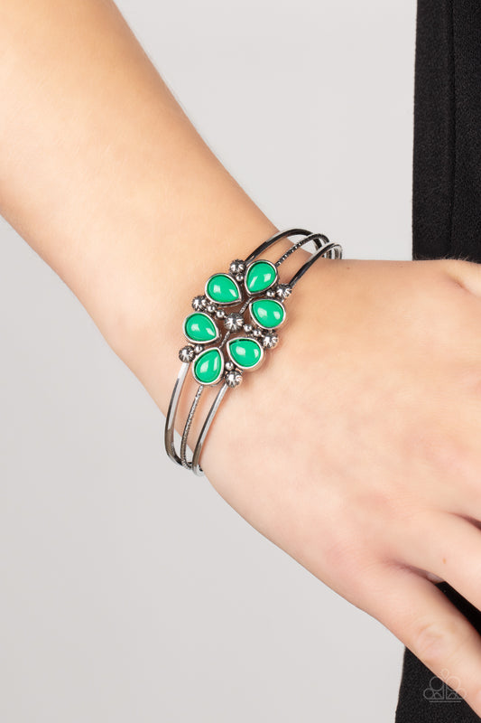 Taj Mahal Meadow - Green Glassy Leprechaun Teardrop Bead Cuff Bracelet Paparazzi B0173