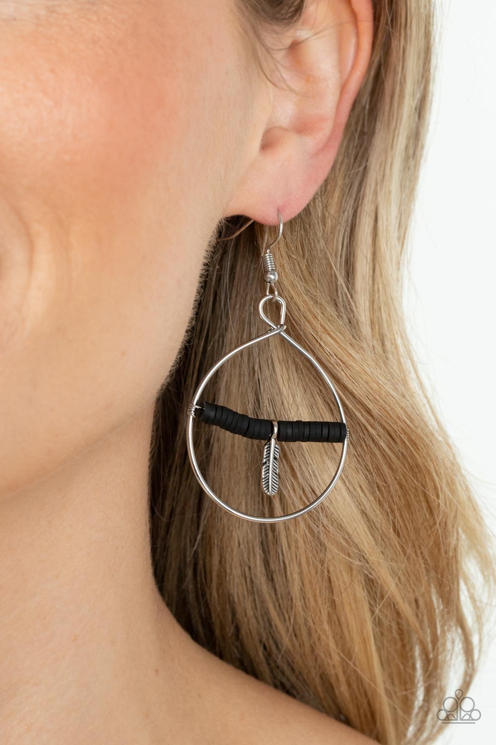 Free Bird Freedom - Black Silver Feather Earring Paparazzi E0697