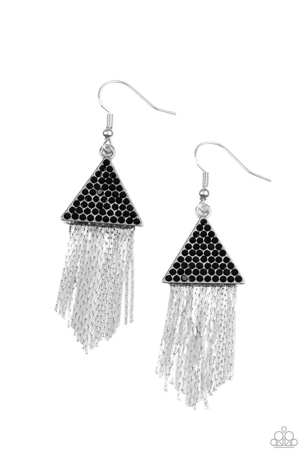 Pyramid SHEEN - Black Rhinestone Silver Chain Fringe Earrings Paparazzi E0425