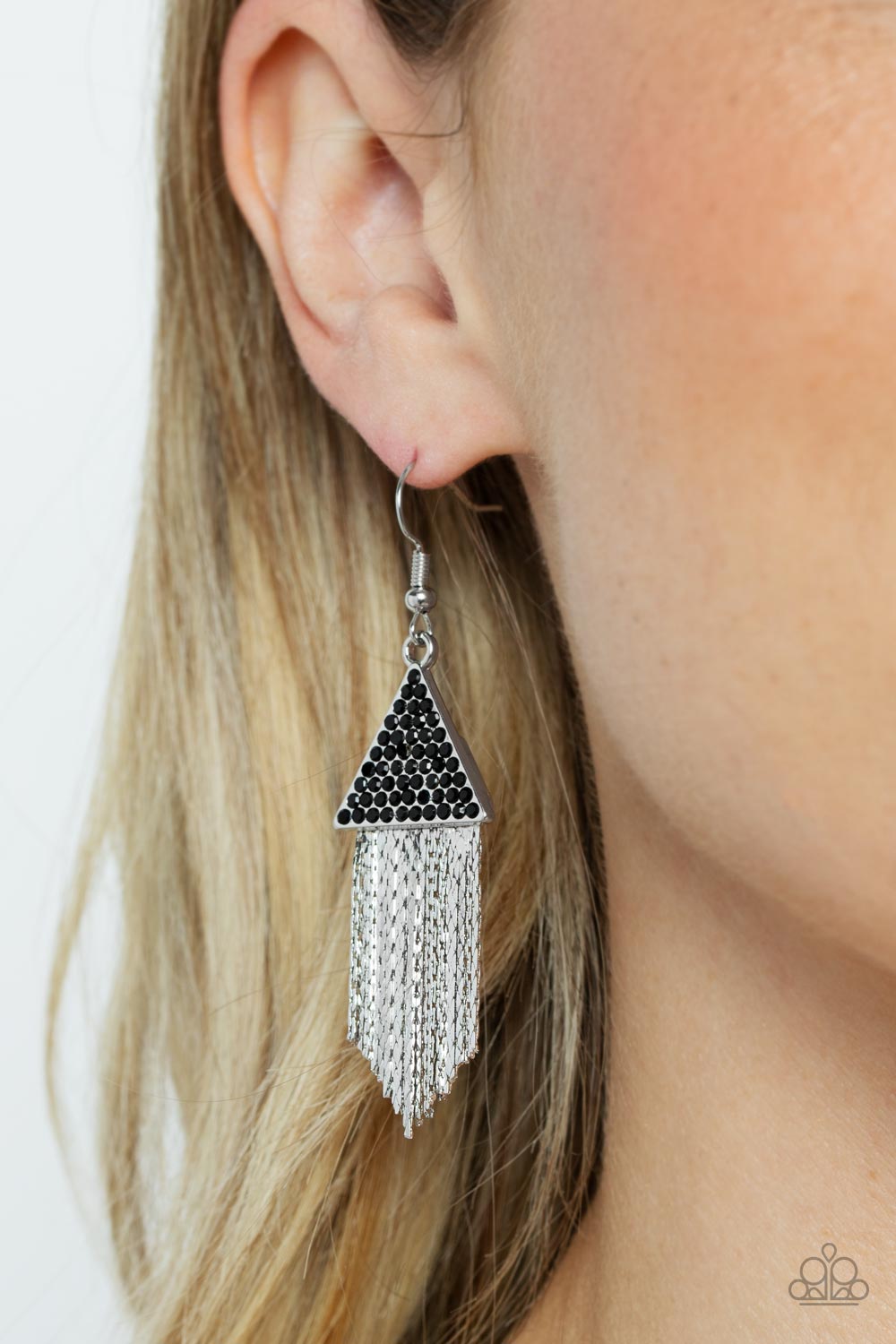 Pyramid SHEEN - Black Rhinestone Silver Chain Fringe Earrings Paparazzi E0425