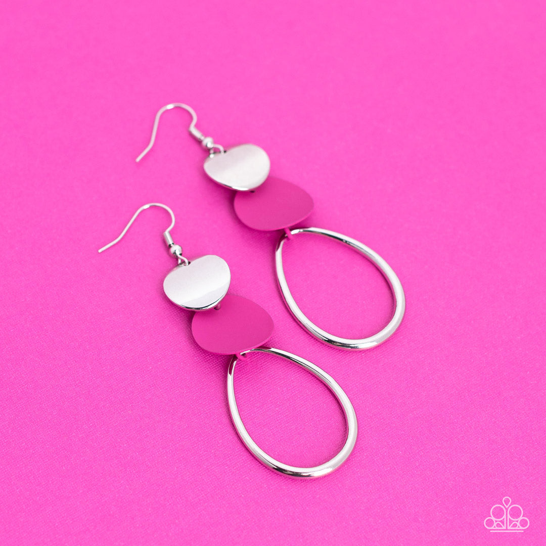 Retro Reception - Pink Fuchsia Fedora And Silver Teardrop Frame Earring Paparazzi E0966