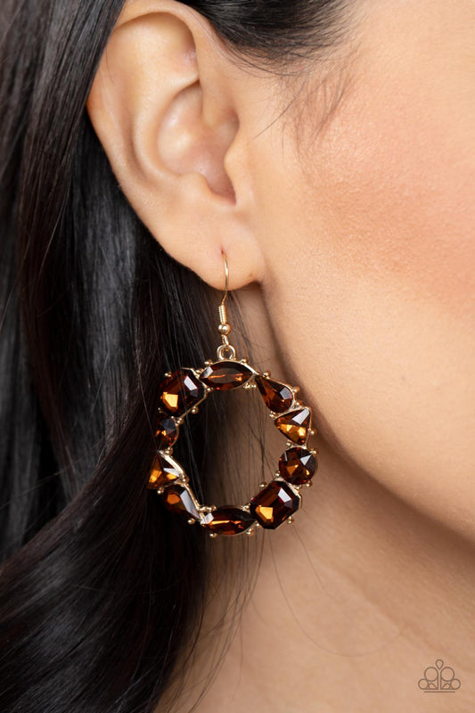 GLOWING in Circles - Brown Rhinestone Earring Paparazzi E0573