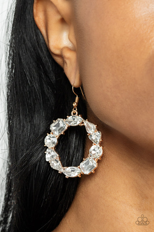 GLOWING in Circles - Gold Rhinestone Earring Paparazzi E0726