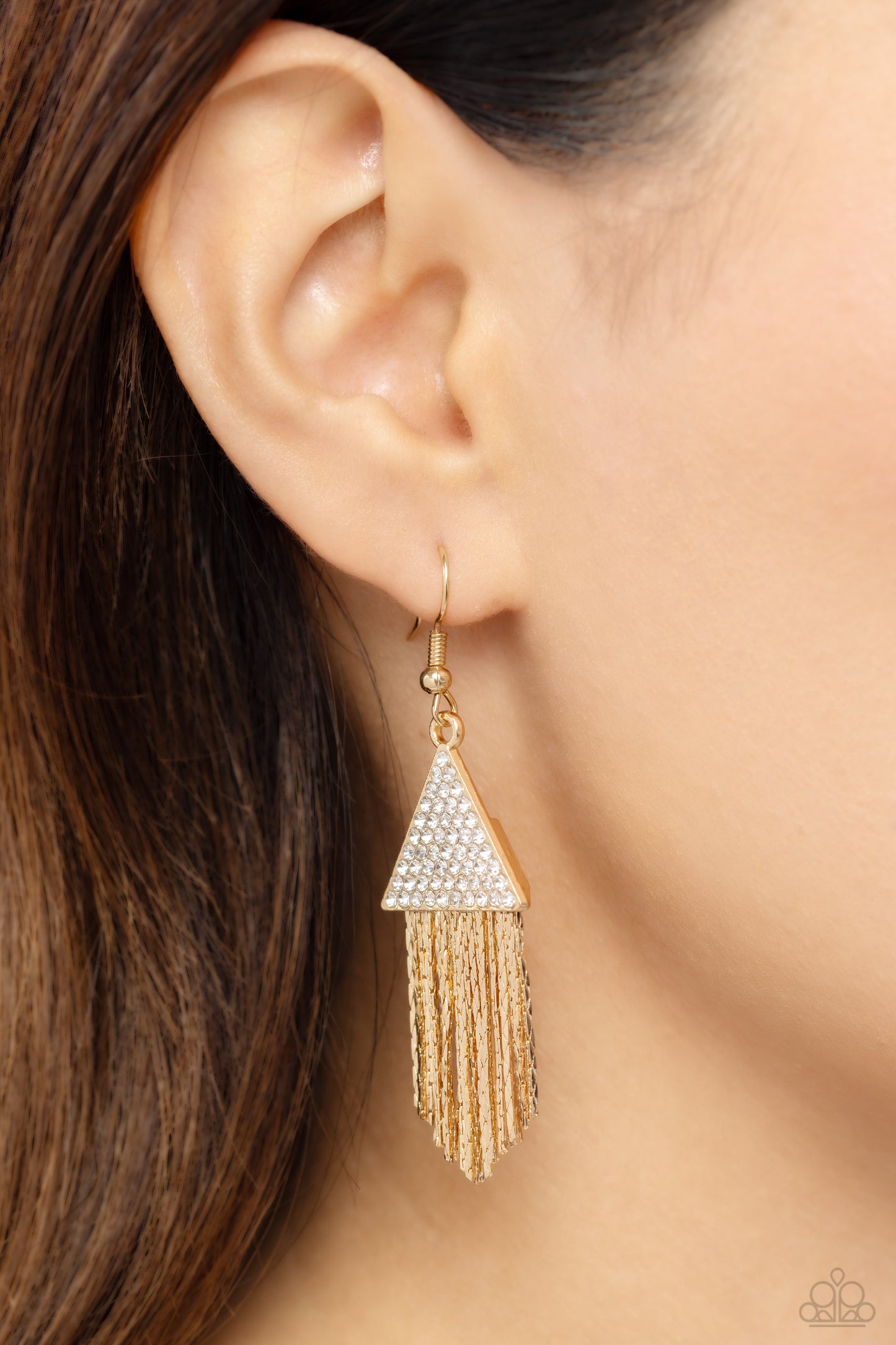 Pyramid SHEEN - Gold Chain Tasseled White Rhinestone Earring E1717