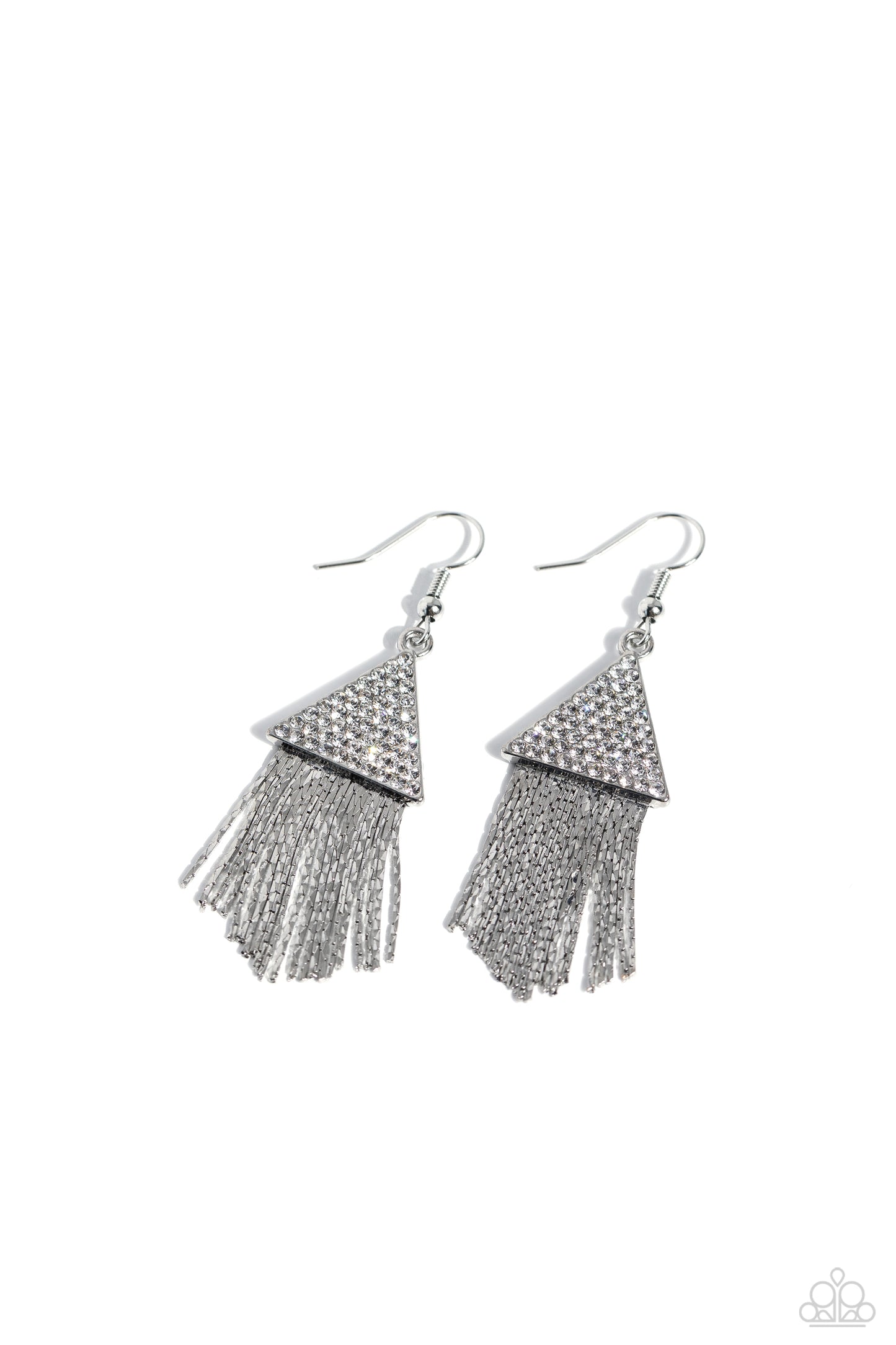 Pyramid SHEEN - White Rhinestone & Silver Tasseled Chain Earring Paparazzi E1718