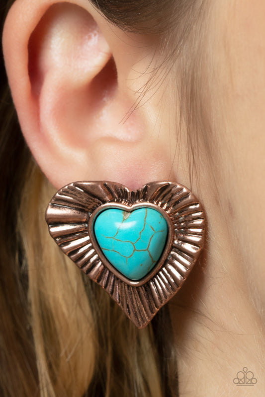 Rustic Romance - Copper Blue Cracked Stone Heart Earring Paparazzi E0132