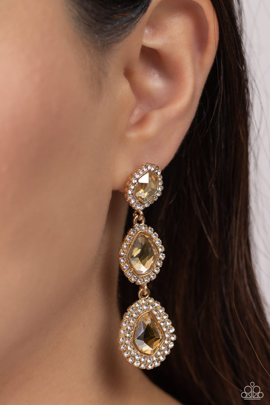 Prove Your ROYALTY - Gold Gem White Rhinestone Post Earring Paparazzi E1746