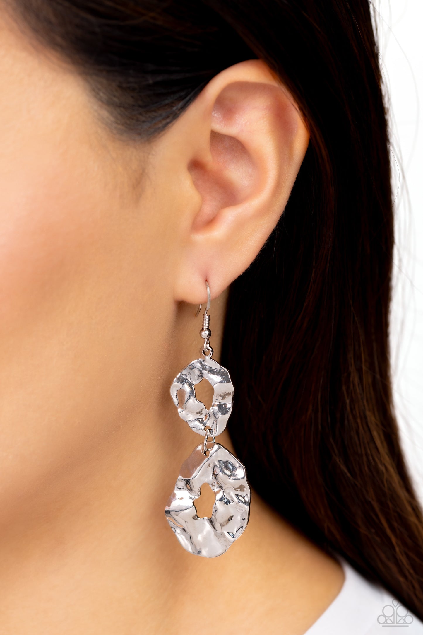 Gallery Gravitas - Silver Hammered Asymmetrical Frame Earring Paparazzi E1536