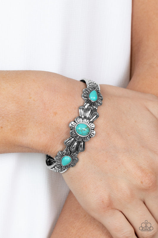 Winslow Walkabout - Blue Turquoise Wildflower Stone Santa Fe Style Cuff Bracelet Paparazzi B1364