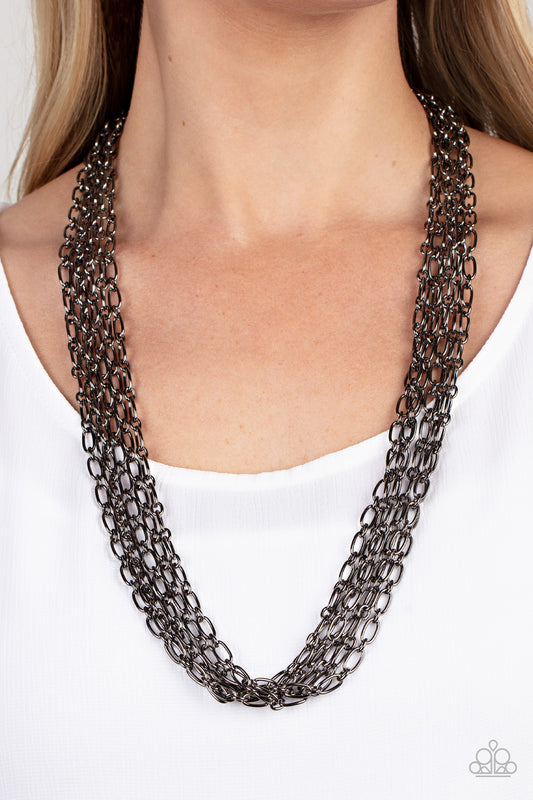 Dynamite Dynamo - Black Gunmetal Multi Chain Necklace Paparazzi N1293