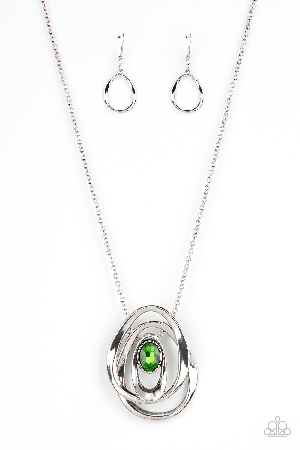 Luminous Labyrinth - Green Glittery Gem Silver Oval Necklace Paparazzi N1060