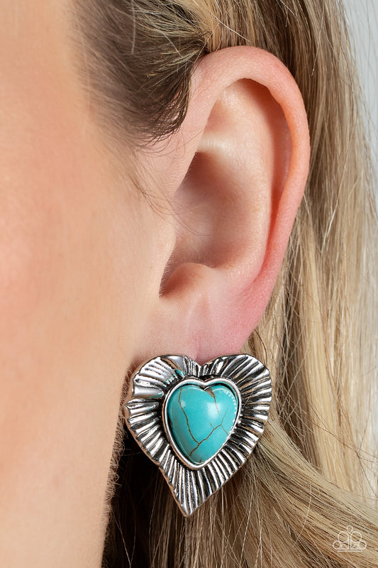 Rustic Romance - Blue Cracked Stone Silver Heart Earring Paparazzi E0529