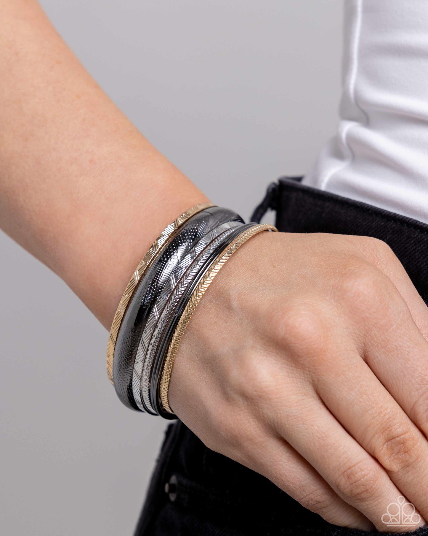 Stackable Stunner - Multi Metal Silver, Gunmetal, & Gold Bangle Bracelet Paparazzi B1690